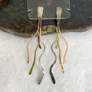 RLM Studio Sterling Silver Hammered Tri Color Brass Copper Long Dangle Earrings